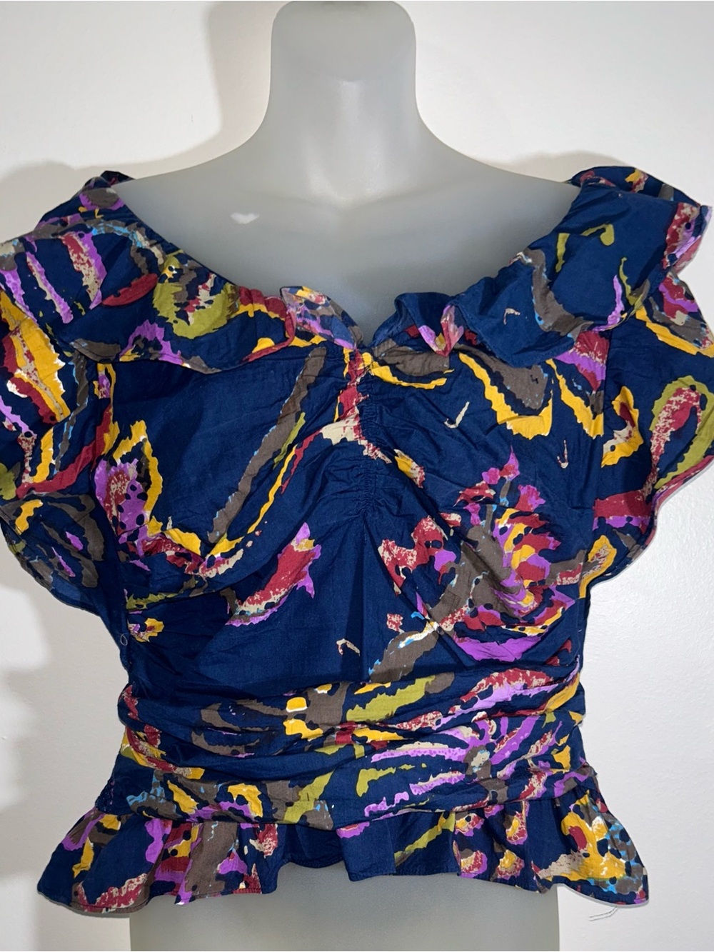 Love The Label Ruffle Peplum Top Navy Abstract Floral Ruched Blouse L